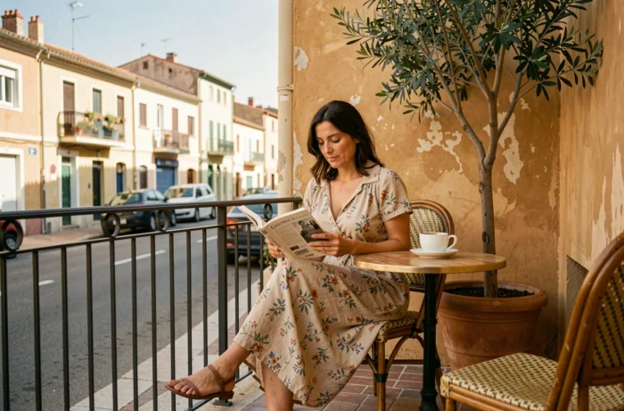 Woman reading on the terrace of a café in the Grisettes neighborhood of Montpellier, tranquil Mediterranean atmosphere