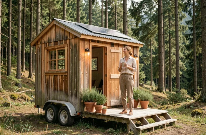 Femme devant une tiny house en bois sur roues dans une forêt alpine avec panneaux solaires et terrasse végétale