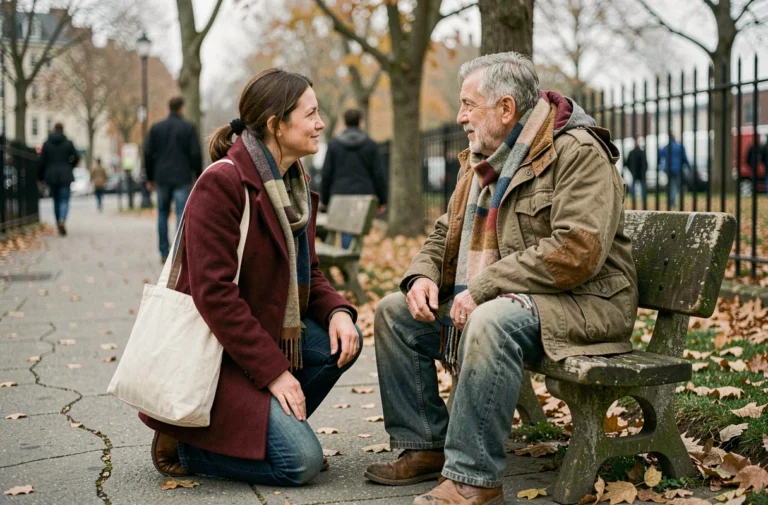 Travailleuse sociale accompagnant un homme sans-abri dans un parc urbain en automne, illustrant le soutien et l'entraide pour les personnes vulnérables