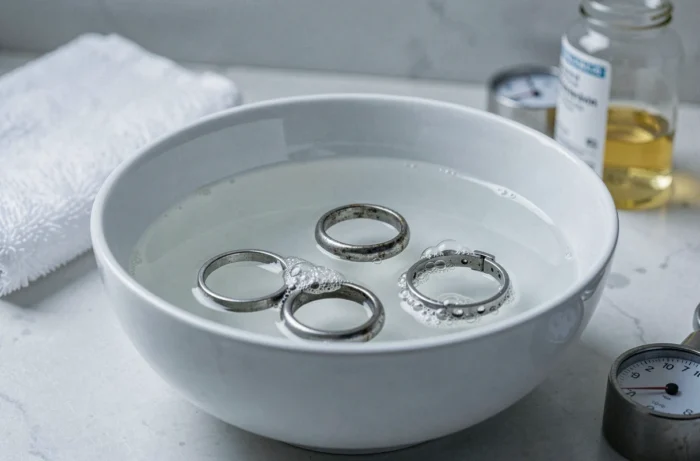 Trempage de bijoux en argent légèrement oxydés dans du vinaigre blanc dans un bol en céramique