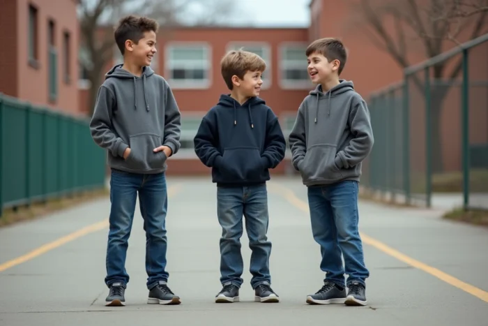 Groupe de garçons d'environ 11 ans dans une cour d'école montrant les différences naturelles de taille et de corpulence
