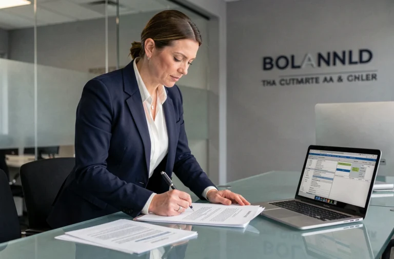 Agent immobilier signant des documents officiels pour la vente d'un bien immobilier détenu par une société dans un bureau notarial moderne