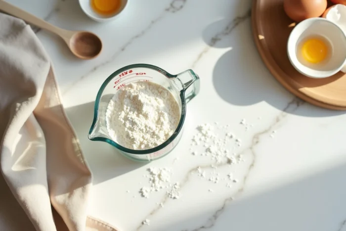 Vue de dessus d'un verre doseur rempli à 25 centilitres entouré d'ingrédients de pâtisserie sur un plan de travail en marbre