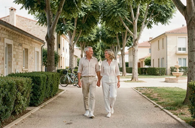 Couple se promenant dans une allée arborée du quartier des Grisettes à Montpellier, ambiance paisible et résidentielle