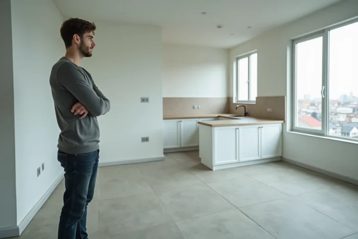 Jeune homme visitant un appartement vide lors d'une visite immobilière en vue d'une location